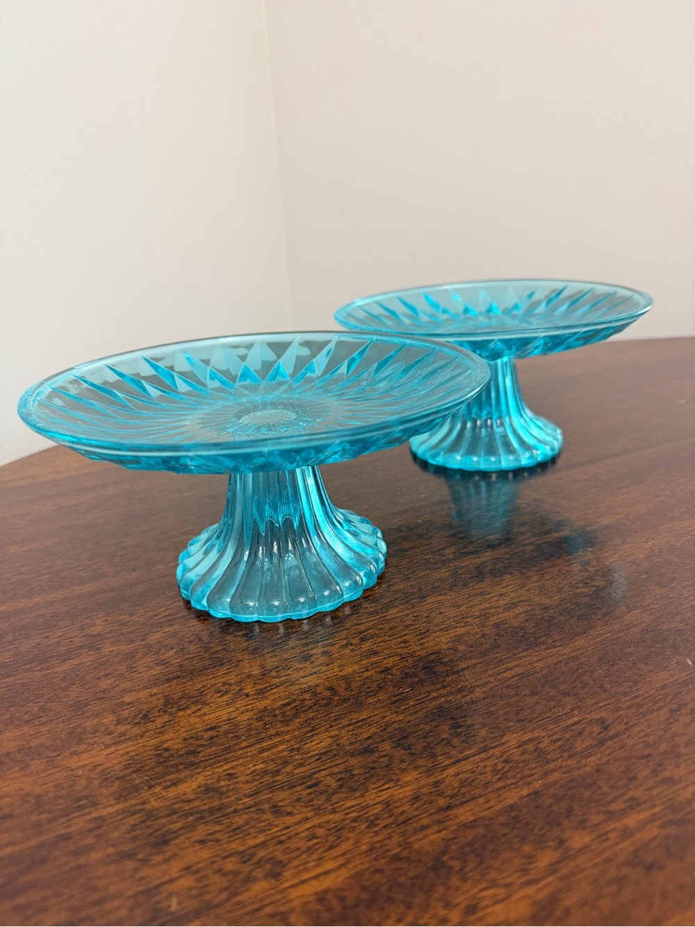 Vintage Aqua Blue Pressed Glass Pedestal Dessert Stands Set of 2